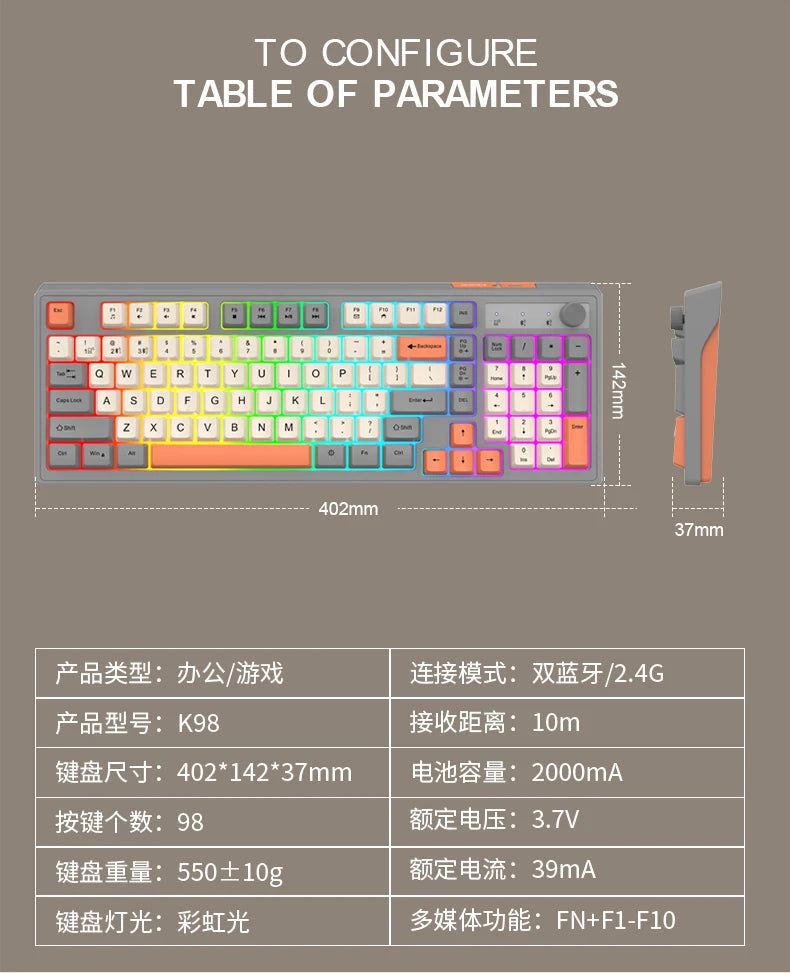 Teclado Sem Fio 98 Teclas com Luz de Fundo RGB